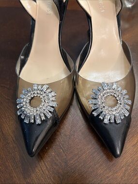 Nine West Black Pointed Slingback Heels with Crystal Sunburst Accent